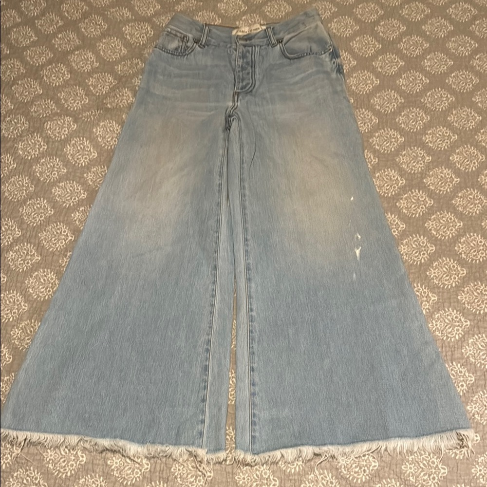 Each x Other Paris Raw Hem Paint Splattered Extreme Wide Leg Flare Jeans